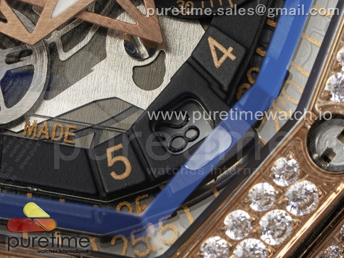 Spirit of Big Bang Sang Bleu RG Full Diamonds BLSF Edition Skeleton Dial on Black Rubber Strap A7750