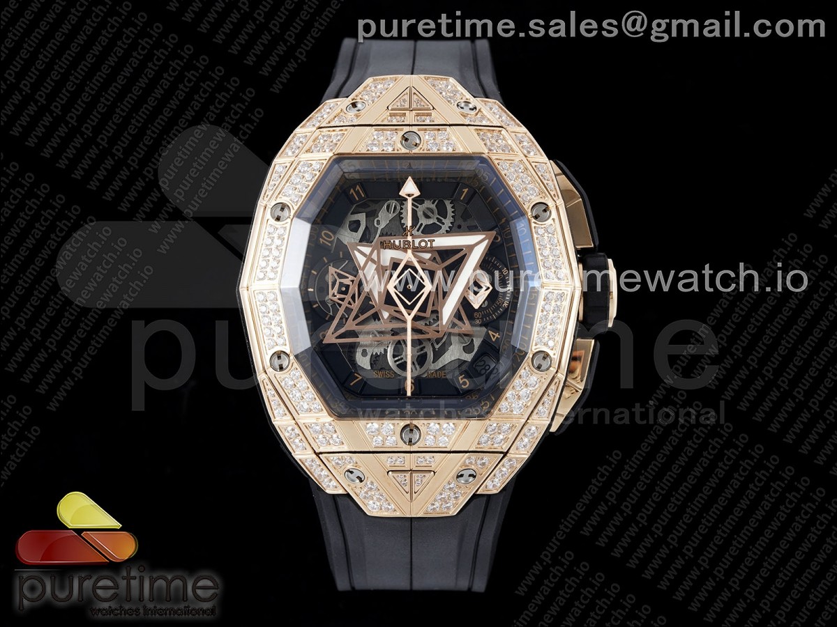Spirit of Big Bang Sang Bleu RG Full Diamonds BLSF Edition Skeleton Dial on Black Rubber Strap A7750