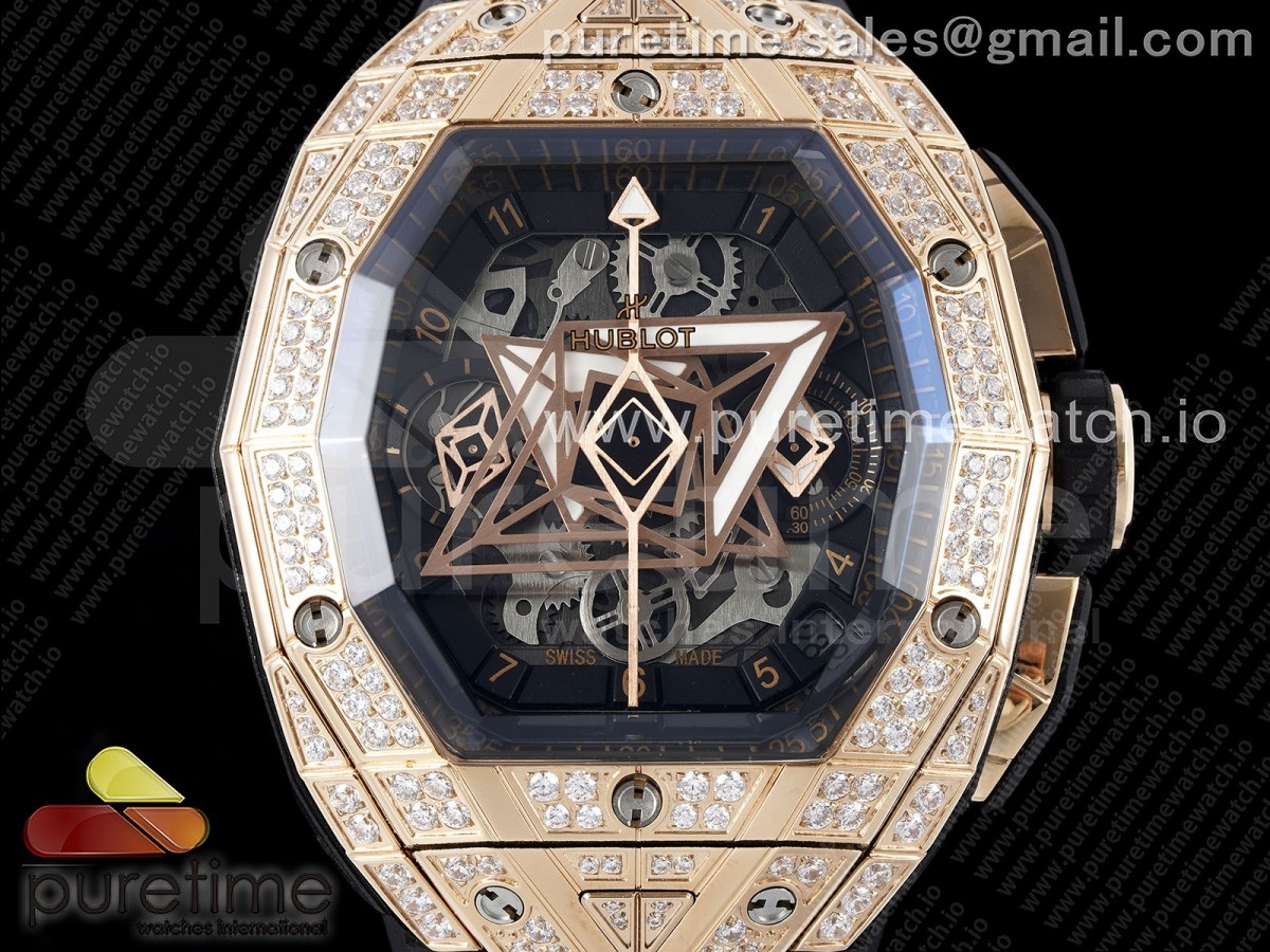Spirit of Big Bang Sang Bleu RG Full Diamonds BLSF Edition Skeleton Dial on Black Rubber Strap A7750