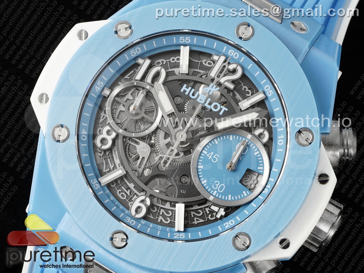 Big Bang Unico Sky Blue Ceramic BBF Skeleton Dial on Blue/White Rubber Strap A1280