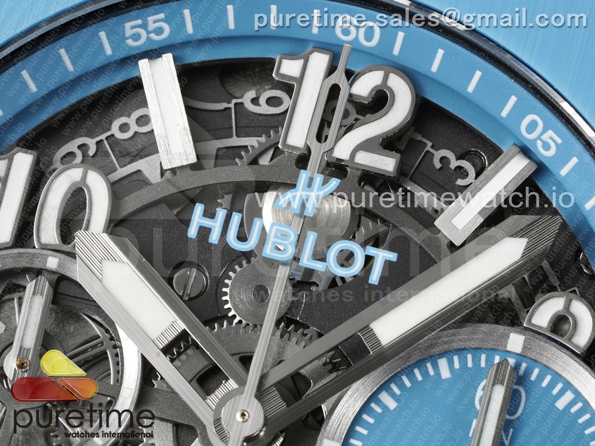 Big Bang Unico Sky Blue Ceramic BBF Skeleton Dial on Blue/White Rubber Strap A1280