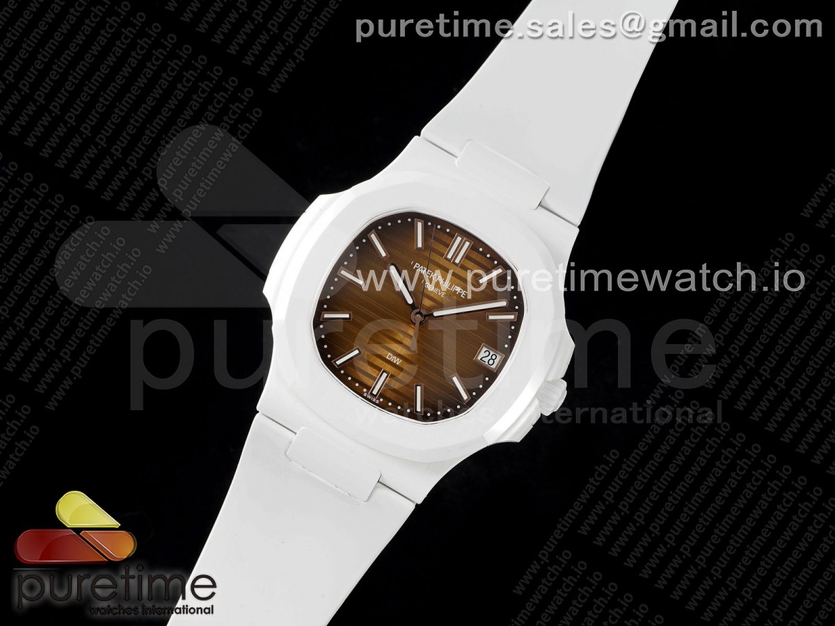 AET Nautilus 5711 White Ceramic AMGF Brown Dial on White Rubber Strap MIYOTA 9015