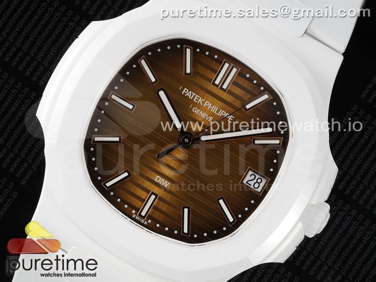 AET Nautilus 5711 White Ceramic AMGF Brown Dial on White Rubber Strap MIYOTA 9015