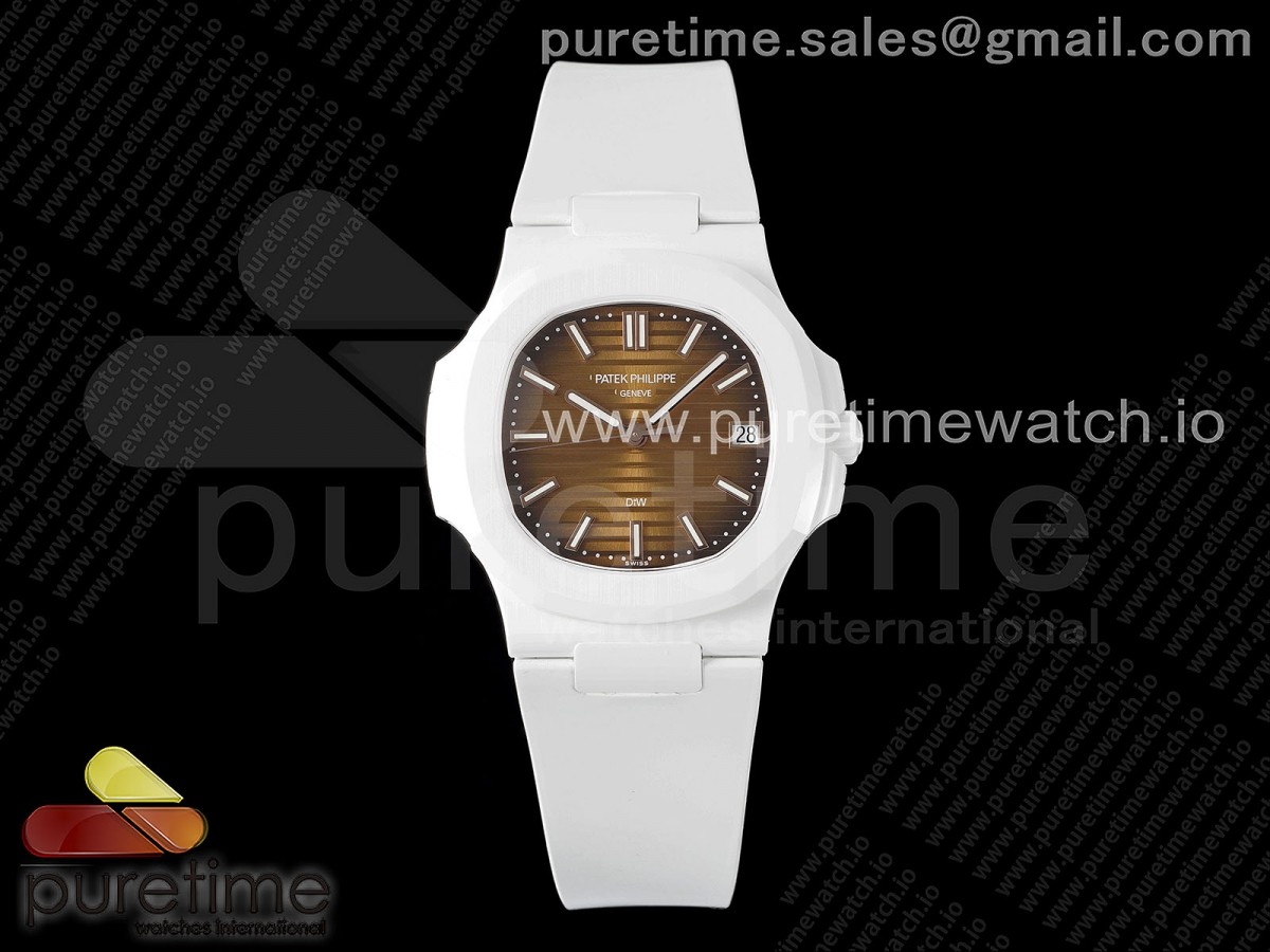 AET Nautilus 5711 White Ceramic AMGF Brown Dial on White Rubber Strap MIYOTA 9015