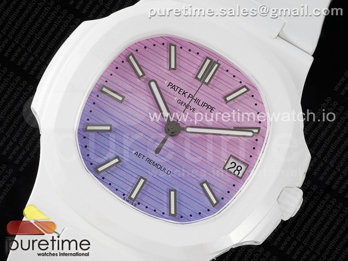 AET Nautilus 5711 White Ceramic AMGF Purple/Pink Dial on White Rubber Strap MIYOTA 9015
