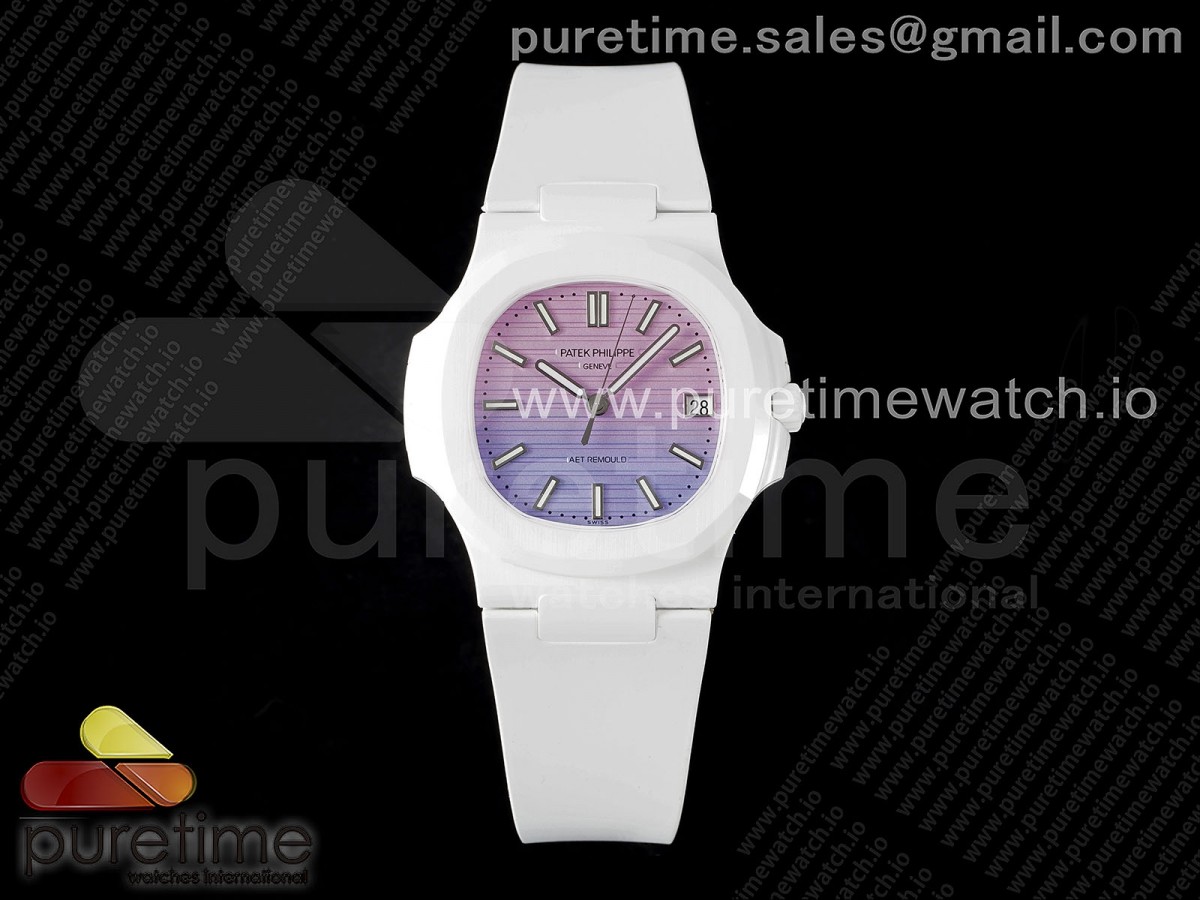 AET Nautilus 5711 White Ceramic AMGF Purple/Pink Dial on White Rubber Strap MIYOTA 9015