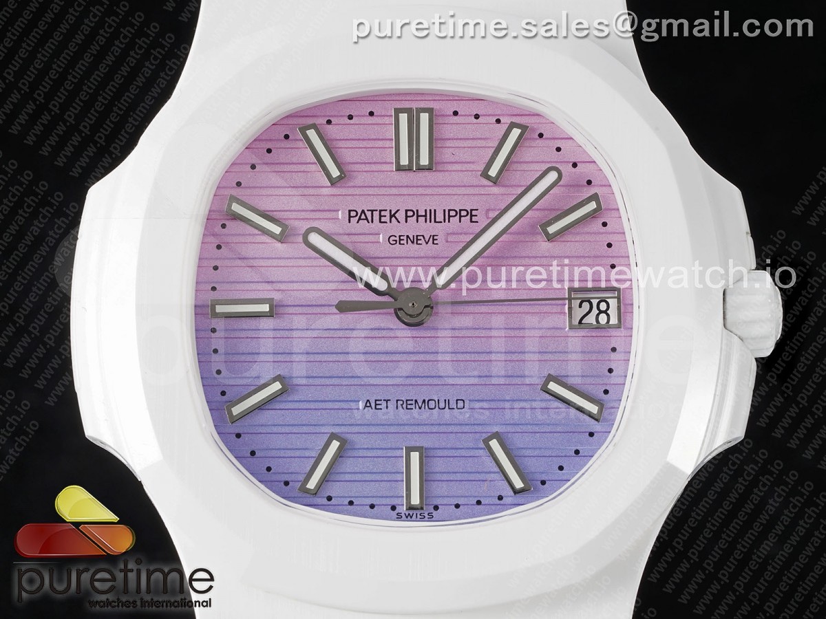 AET Nautilus 5711 White Ceramic AMGF Purple/Pink Dial on White Rubber Strap MIYOTA 9015