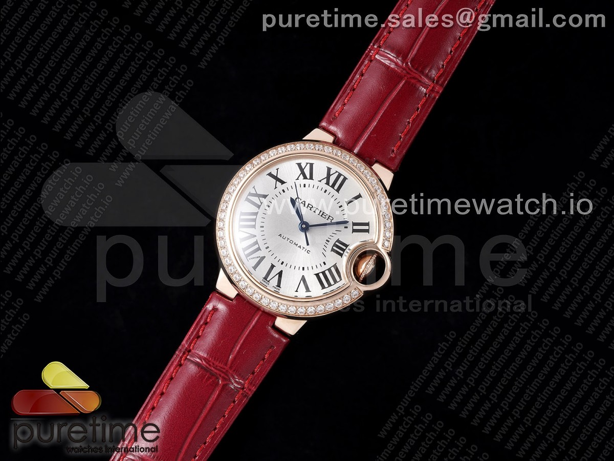 Ballon Bleu 33mm RG AF Silver Dial Diamonds Bezel on Red Leather Strap SEIKO NH05A
