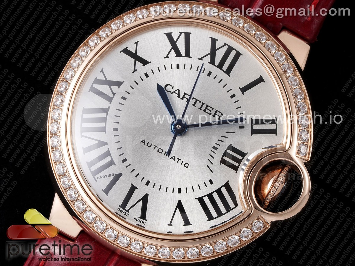 Ballon Bleu 33mm RG AF Silver Dial Diamonds Bezel on Red Leather Strap SEIKO NH05A