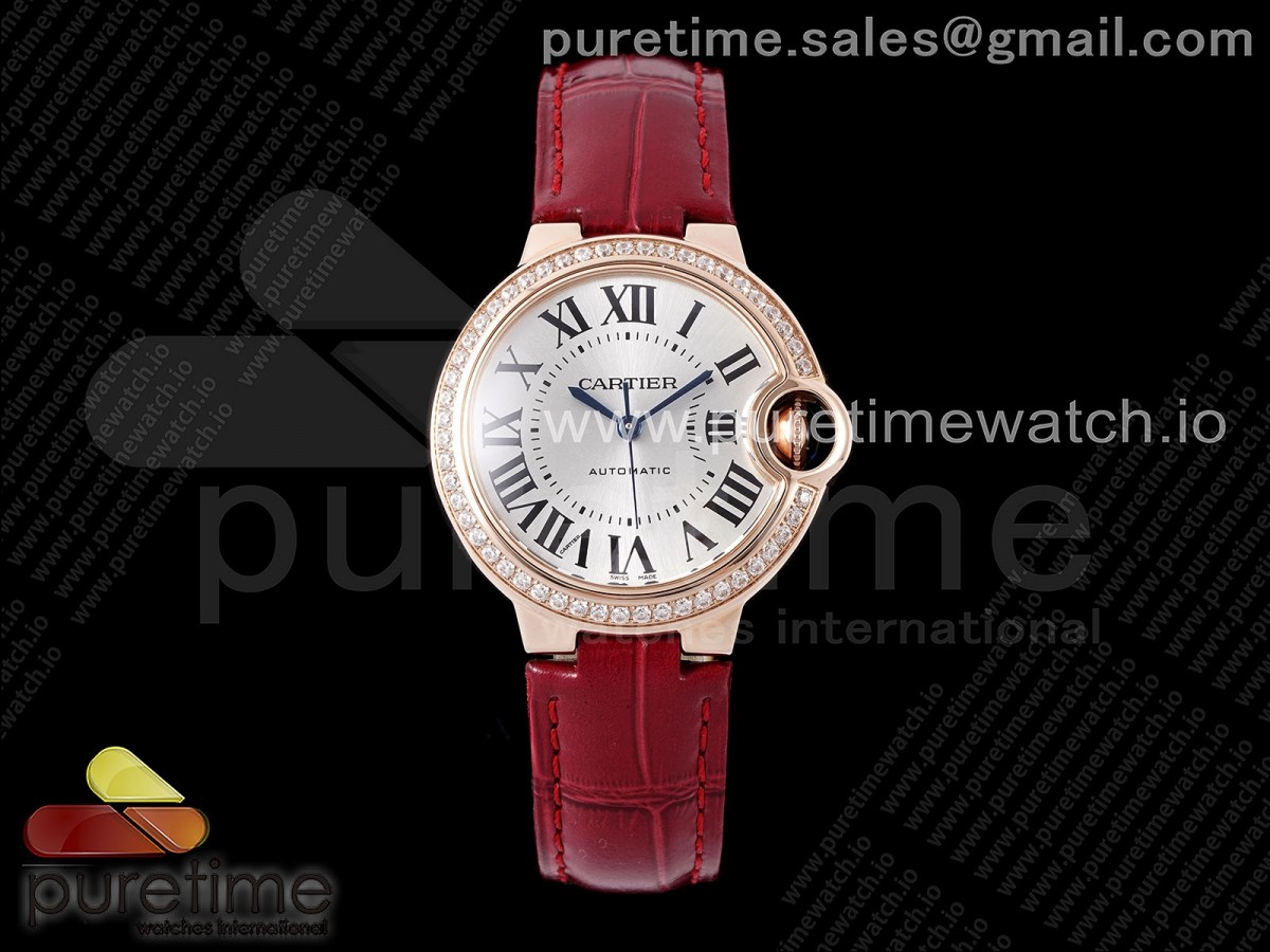 Ballon Bleu 33mm RG AF Silver Dial Diamonds Bezel on Red Leather Strap SEIKO NH05A