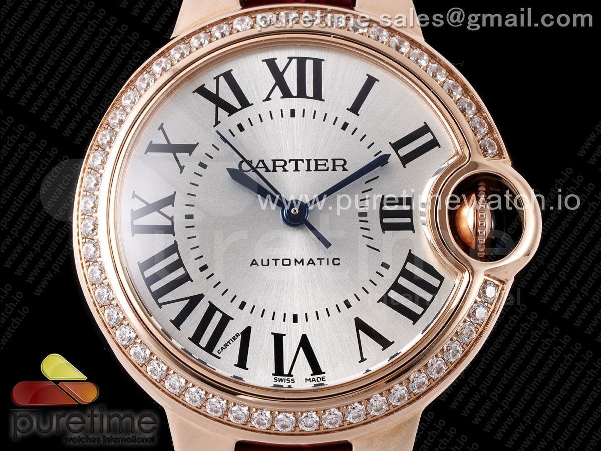 Ballon Bleu 33mm RG AF Silver Dial Diamonds Bezel on Red Leather Strap SEIKO NH05A