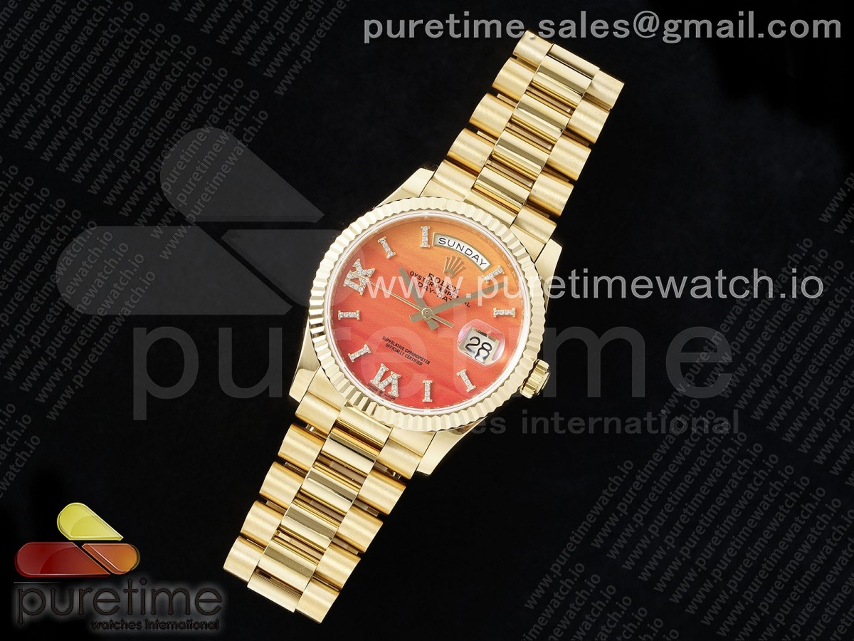 Day Date 36 YG TWSF Orange/Red Roman Diamonds Dial on YG Bracelet A2836