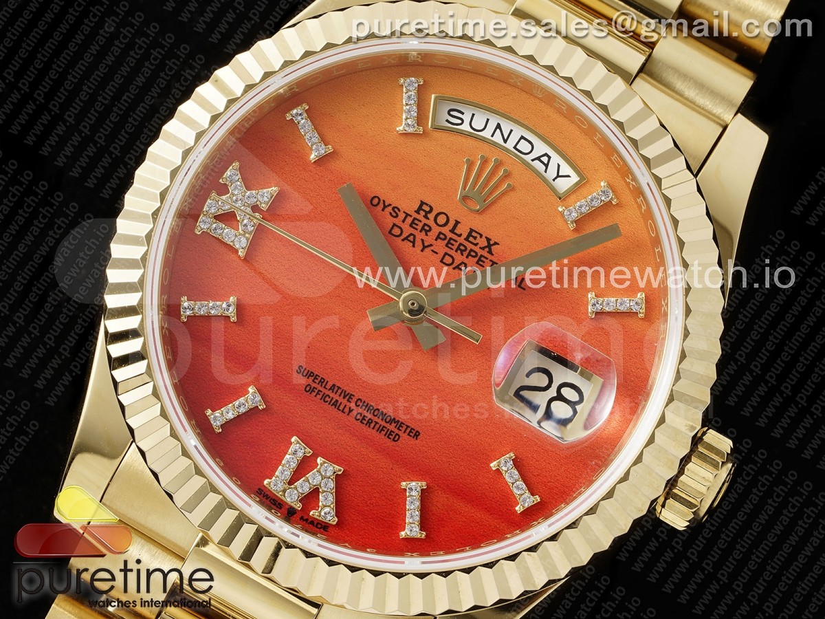 Day Date 36 YG TWSF Orange/Red Roman Diamonds Dial on YG Bracelet A2836