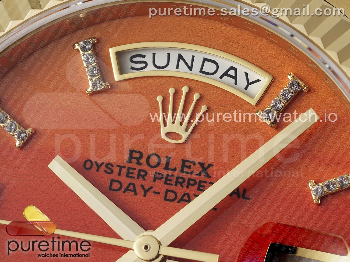 Day Date 36 YG TWSF Orange/Red Roman Diamonds Dial on YG Bracelet A2836