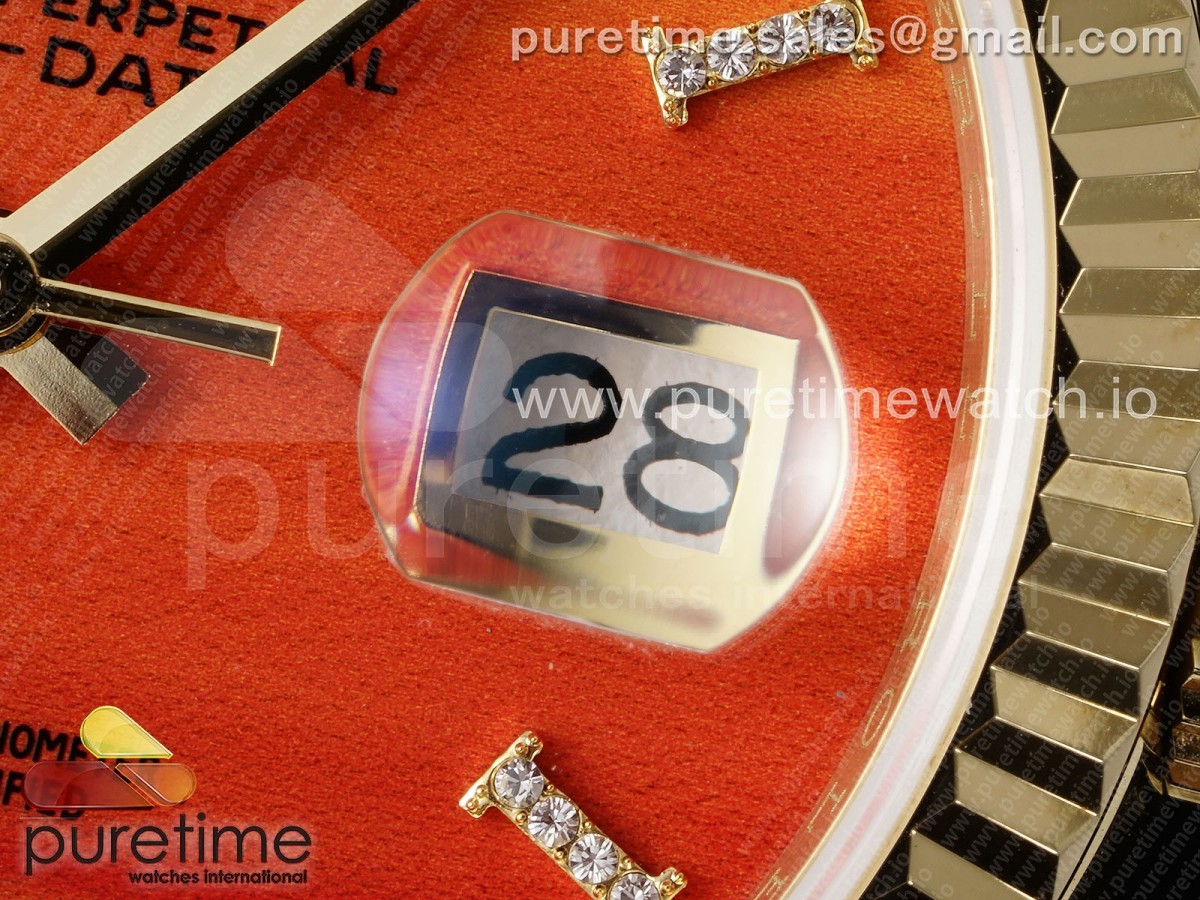 Day Date 36 YG TWSF Orange/Red Roman Diamonds Dial on YG Bracelet A2836
