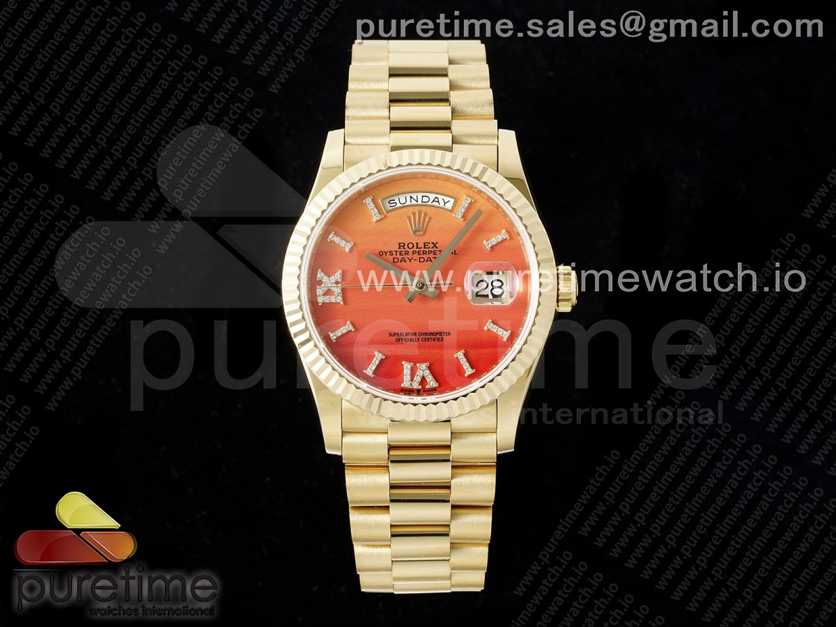 Day Date 36 YG TWSF Orange/Red Roman Diamonds Dial on YG Bracelet A2836