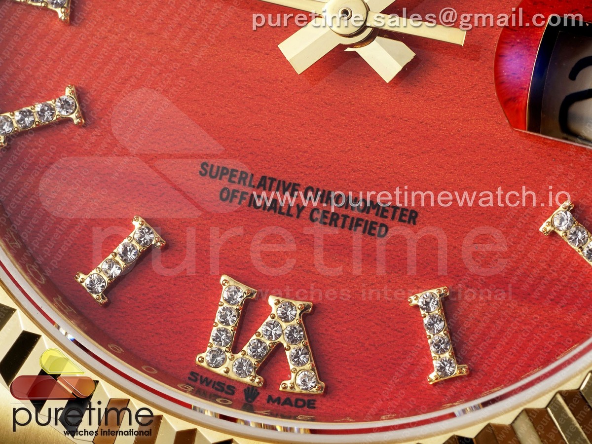 Day Date 36 YG TWSF Orange/Red Roman Diamonds Dial on YG Bracelet A2836