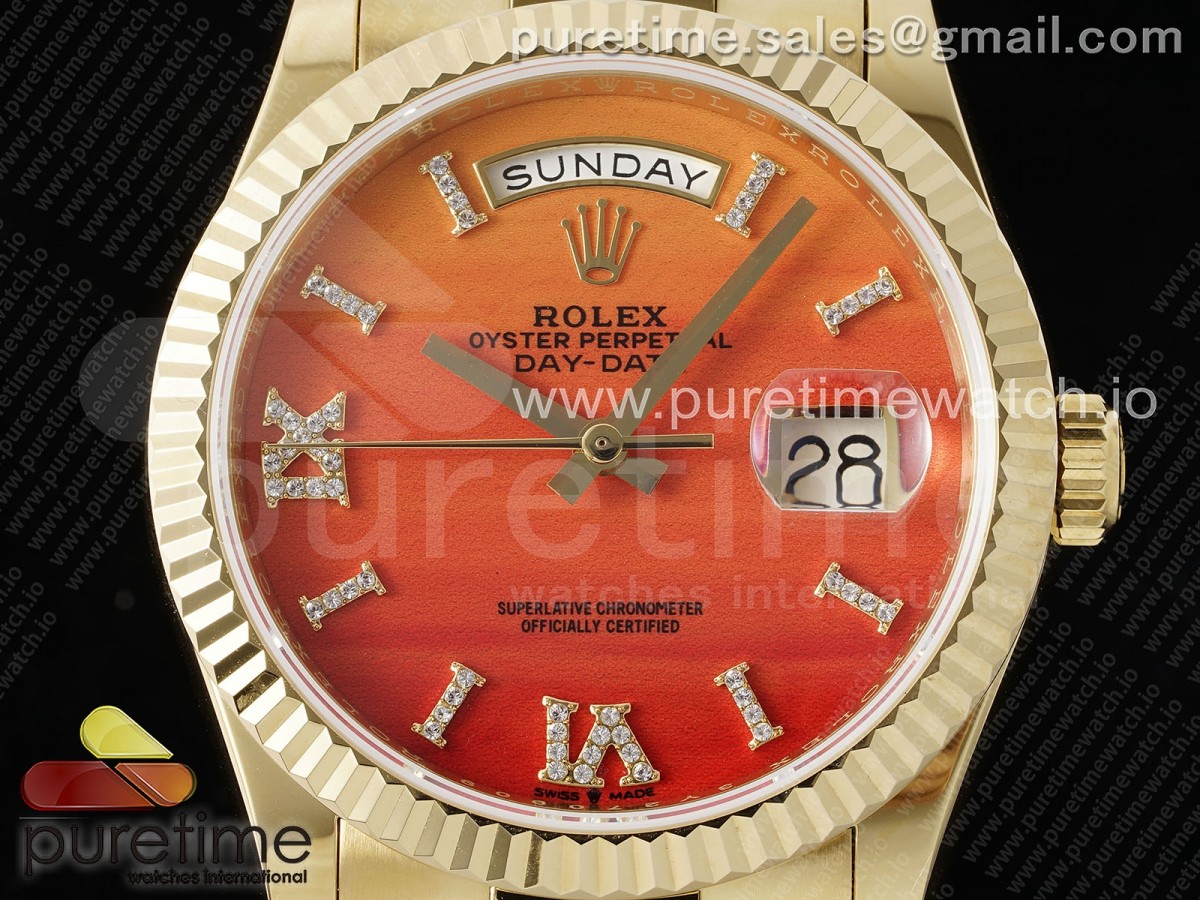 Day Date 36 YG TWSF Orange/Red Roman Diamonds Dial on YG Bracelet A2836