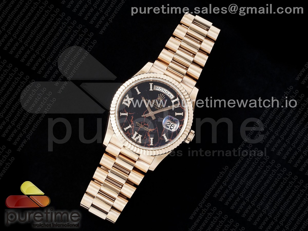 Day Date 36 RG TWSF Black Roman Diamonds Dial on RG Bracelet A2836