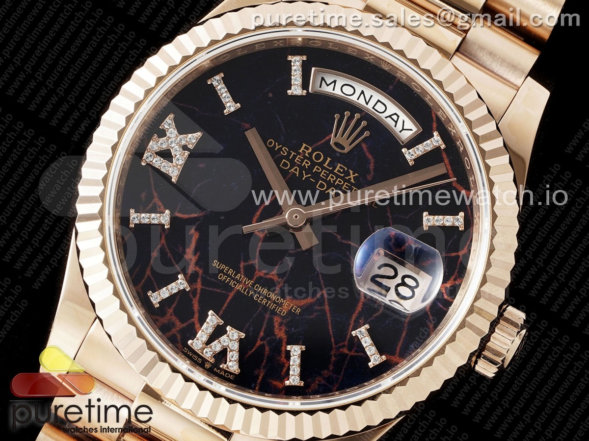 Day Date 36 RG TWSF Black Roman Diamonds Dial on RG Bracelet A2836