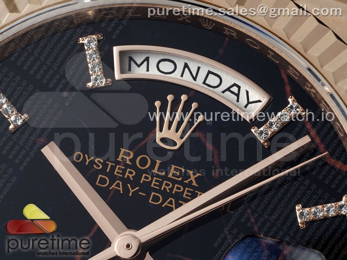 Day Date 36 RG TWSF Black Roman Diamonds Dial on RG Bracelet A2836