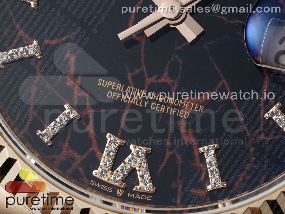 Day Date 36 RG TWSF Black Roman Diamonds Dial on RG Bracelet A2836