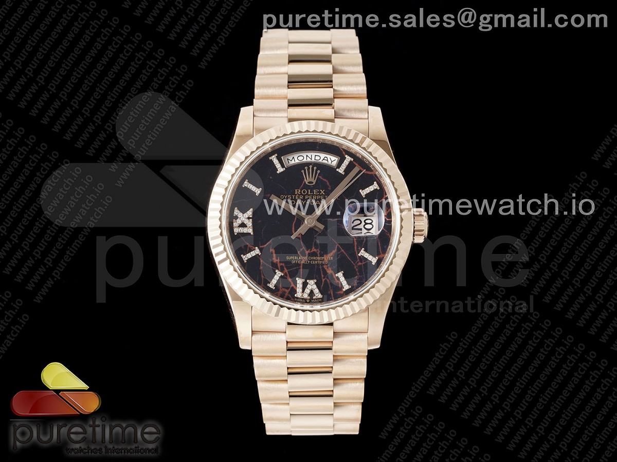 Day Date 36 RG TWSF Black Roman Diamonds Dial on RG Bracelet A2836