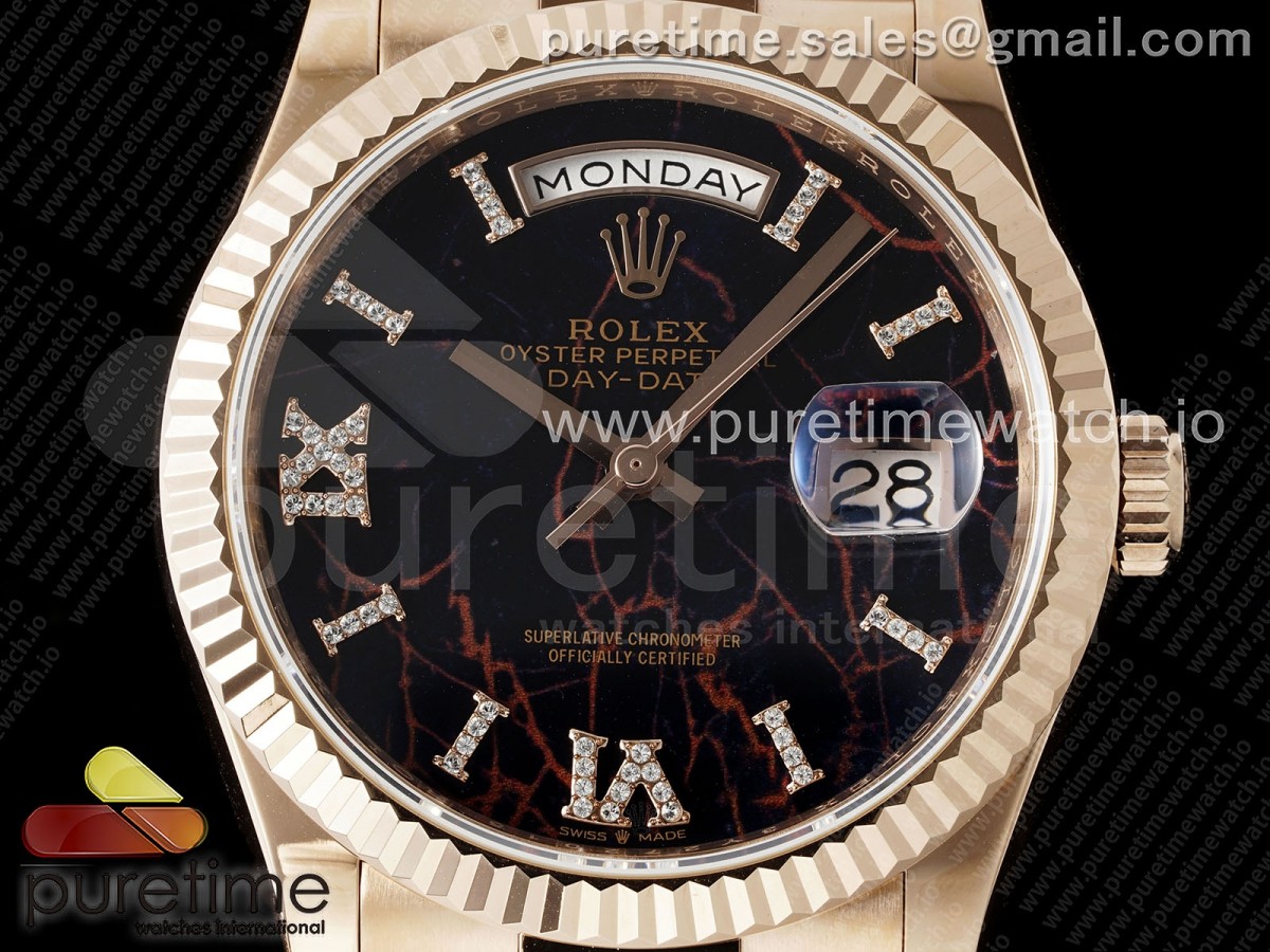 Day Date 36 RG TWSF Black Roman Diamonds Dial on RG Bracelet A2836