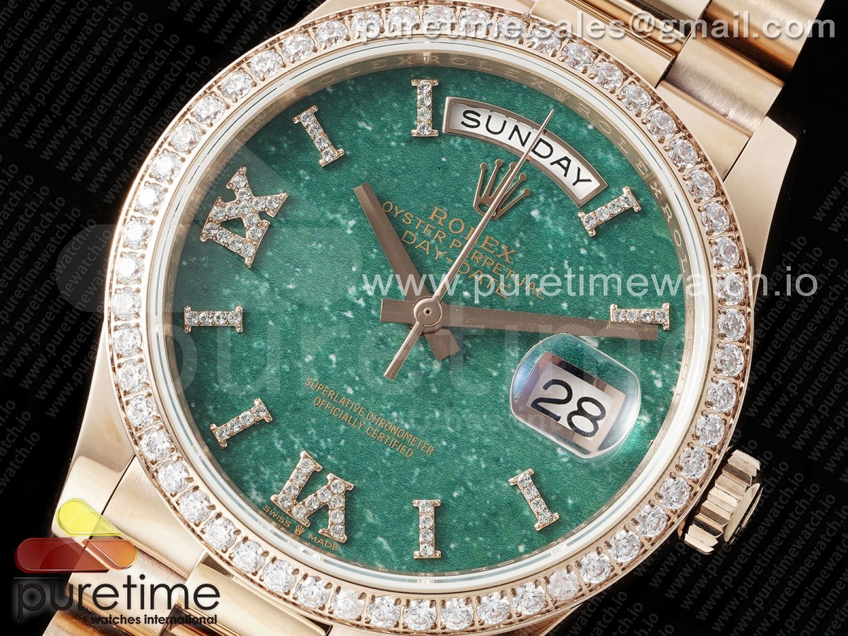 Day Date 36 RG TWSF Green Roman Diamonds Dial Diamonds Bezel on RG Bracelet A2836