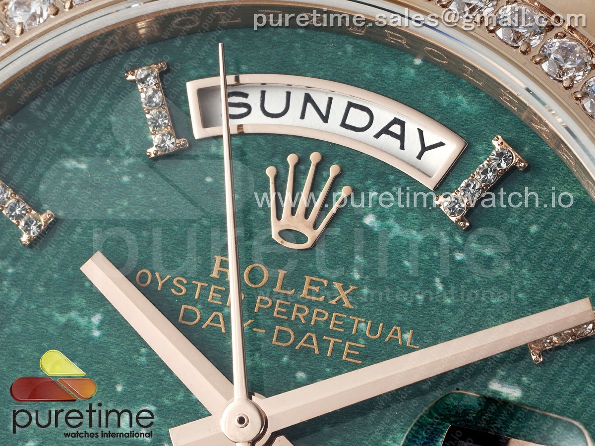 Day Date 36 RG TWSF Green Roman Diamonds Dial Diamonds Bezel on RG Bracelet A2836