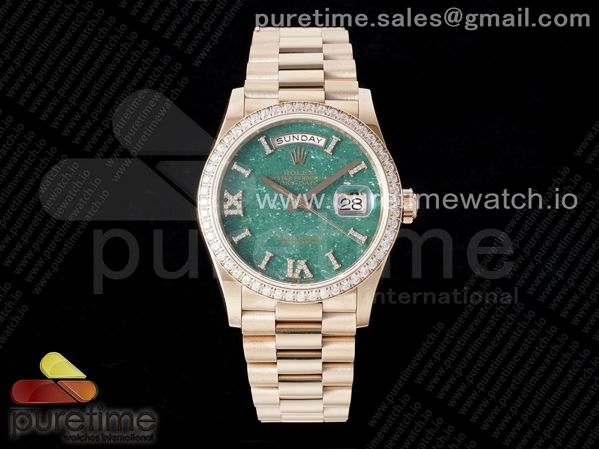 Day Date 36 RG TWSF Green Roman Diamonds Dial Diamonds Bezel on RG Bracelet A2836