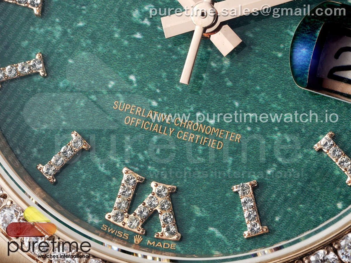 Day Date 36 RG TWSF Green Roman Diamonds Dial Diamonds Bezel on RG Bracelet A2836