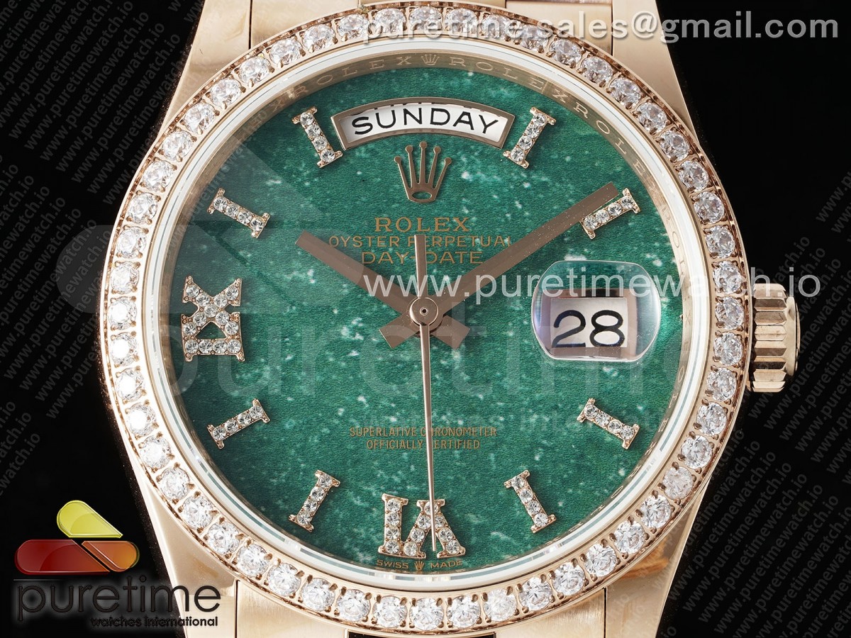 Day Date 36 RG TWSF Green Roman Diamonds Dial Diamonds Bezel on RG Bracelet A2836