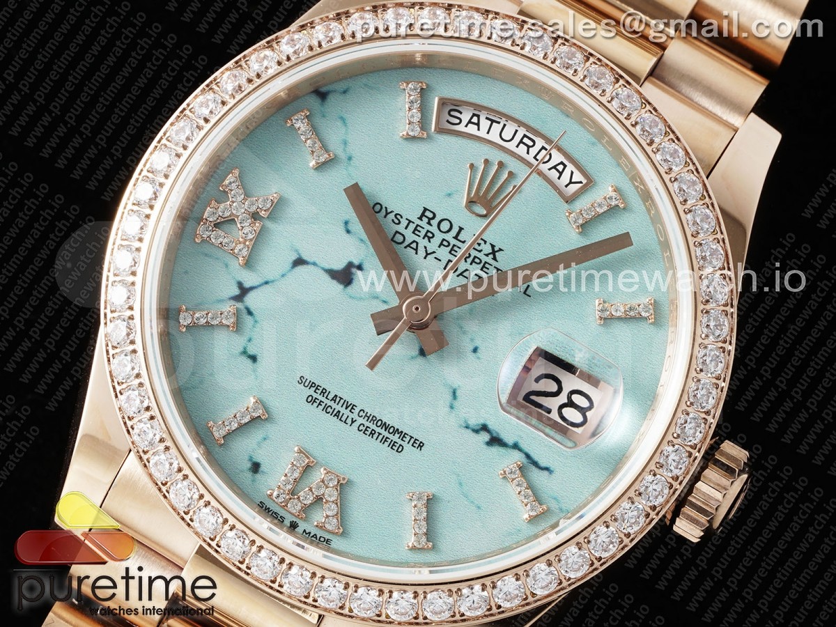 Day Date 36 RG TWSF Blue Roman Diamonds Dial Diamonds Bezel on RG Bracelet A2836