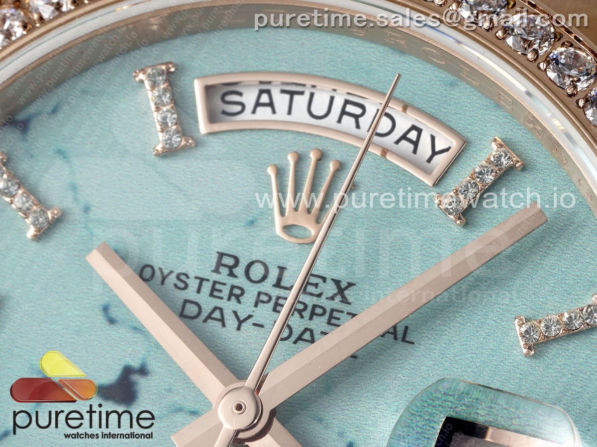Day Date 36 RG TWSF Blue Roman Diamonds Dial Diamonds Bezel on RG Bracelet A2836
