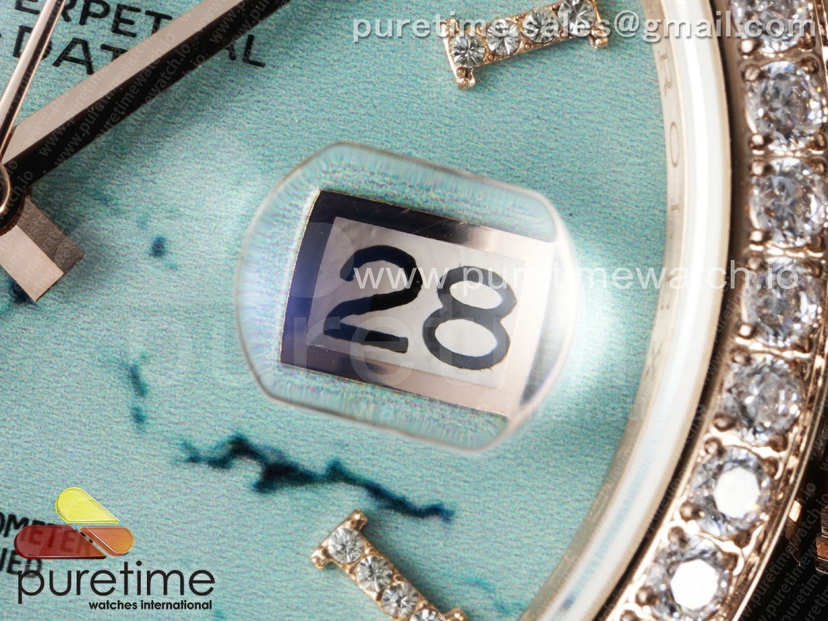 Day Date 36 RG TWSF Blue Roman Diamonds Dial Diamonds Bezel on RG Bracelet A2836
