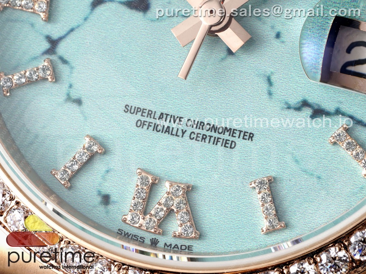 Day Date 36 RG TWSF Blue Roman Diamonds Dial Diamonds Bezel on RG Bracelet A2836