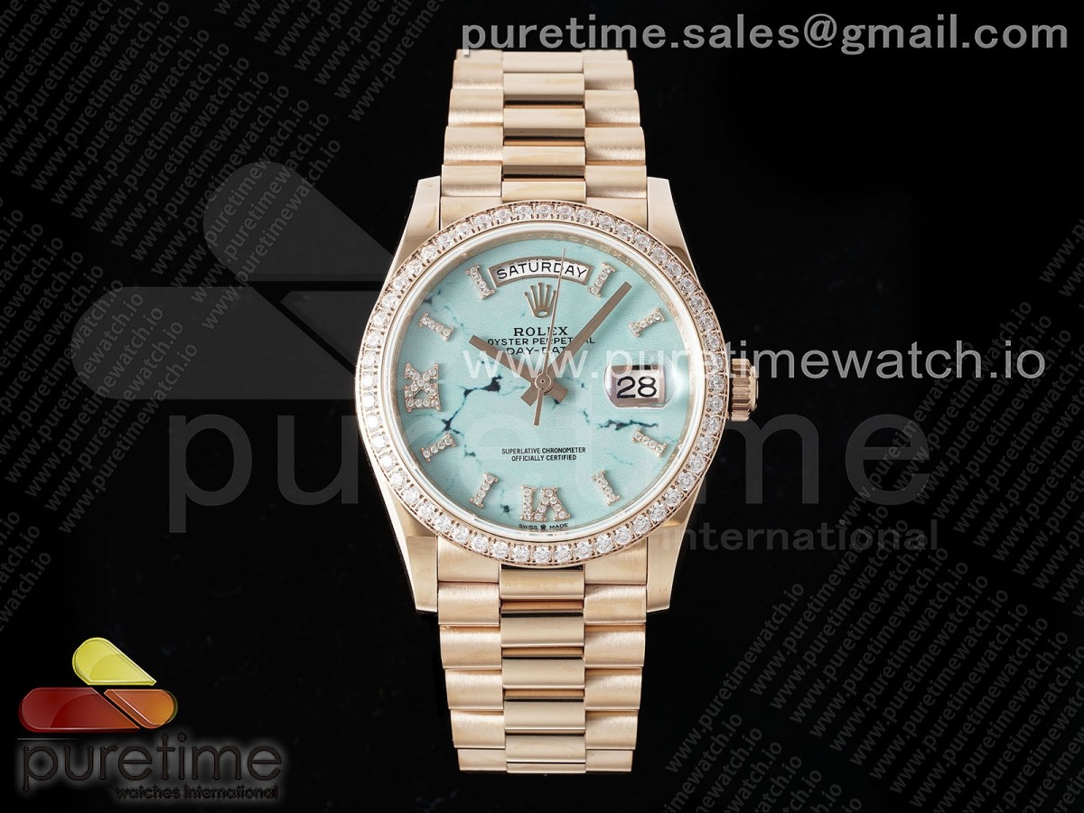 Day Date 36 RG TWSF Blue Roman Diamonds Dial Diamonds Bezel on RG Bracelet A2836