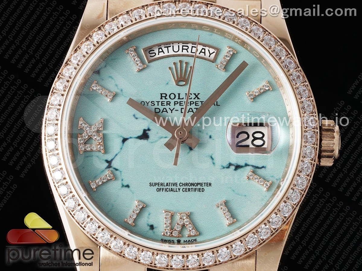 Day Date 36 RG TWSF Blue Roman Diamonds Dial Diamonds Bezel on RG Bracelet A2836