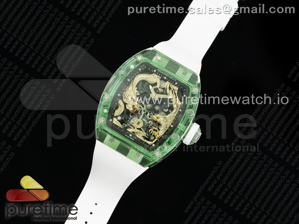 RM57 Green Transparent Tourbillon RMF Gold Dragon Eagle Dial on White Rubber Strap