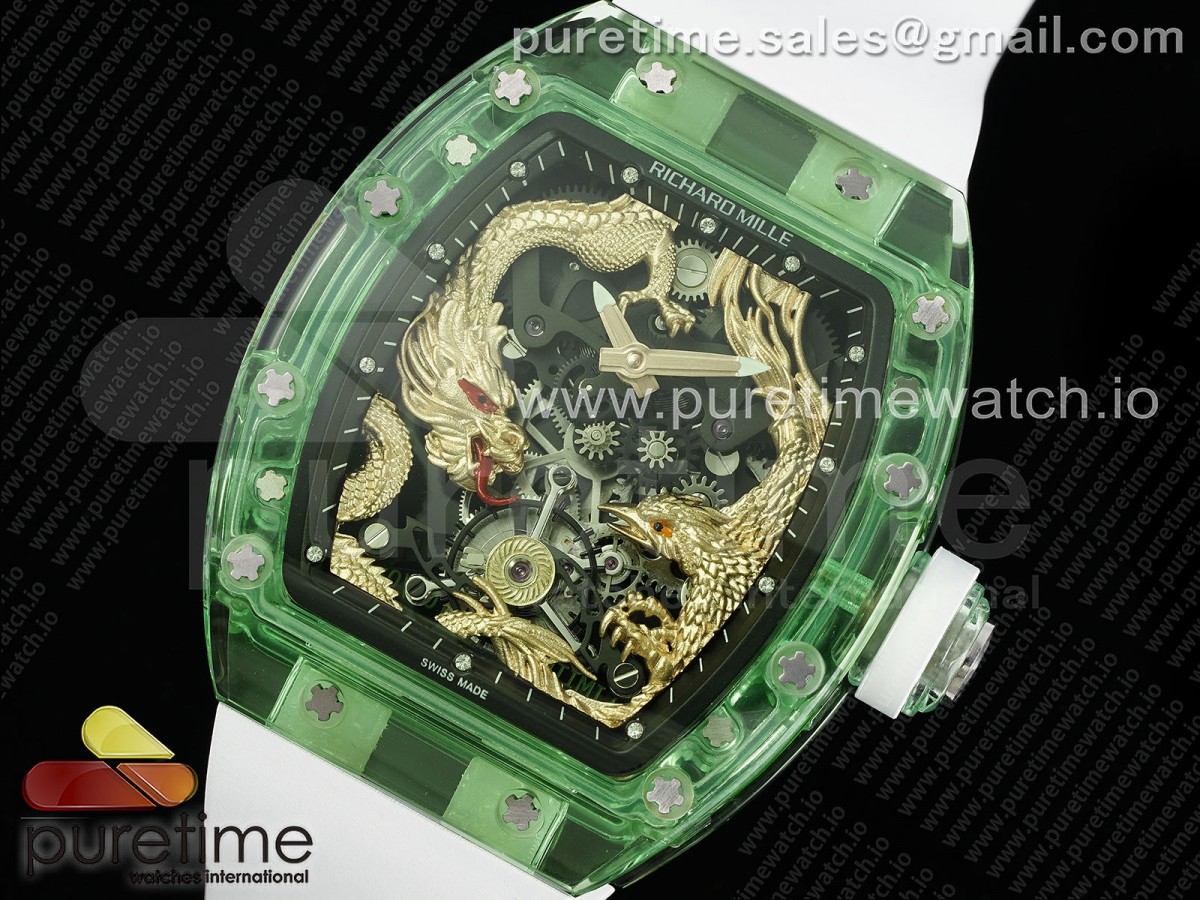 RM57 Green Transparent Tourbillon RMF Gold Dragon Eagle Dial on White Rubber Strap