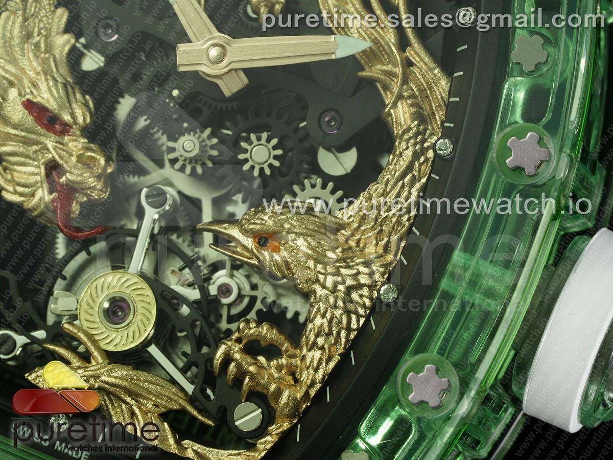 RM57 Green Transparent Tourbillon RMF Gold Dragon Eagle Dial on White Rubber Strap