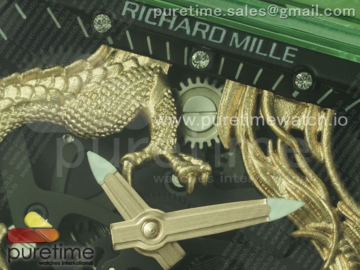 RM57 Green Transparent Tourbillon RMF Gold Dragon Eagle Dial on White Rubber Strap
