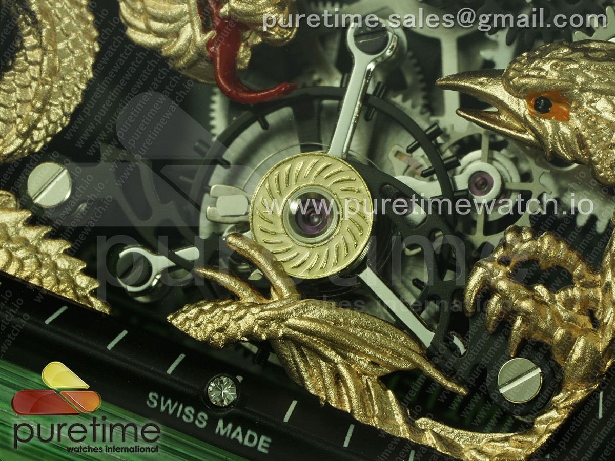 RM57 Green Transparent Tourbillon RMF Gold Dragon Eagle Dial on White Rubber Strap