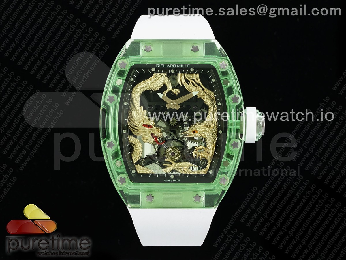 RM57 Green Transparent Tourbillon RMF Gold Dragon Eagle Dial on White Rubber Strap