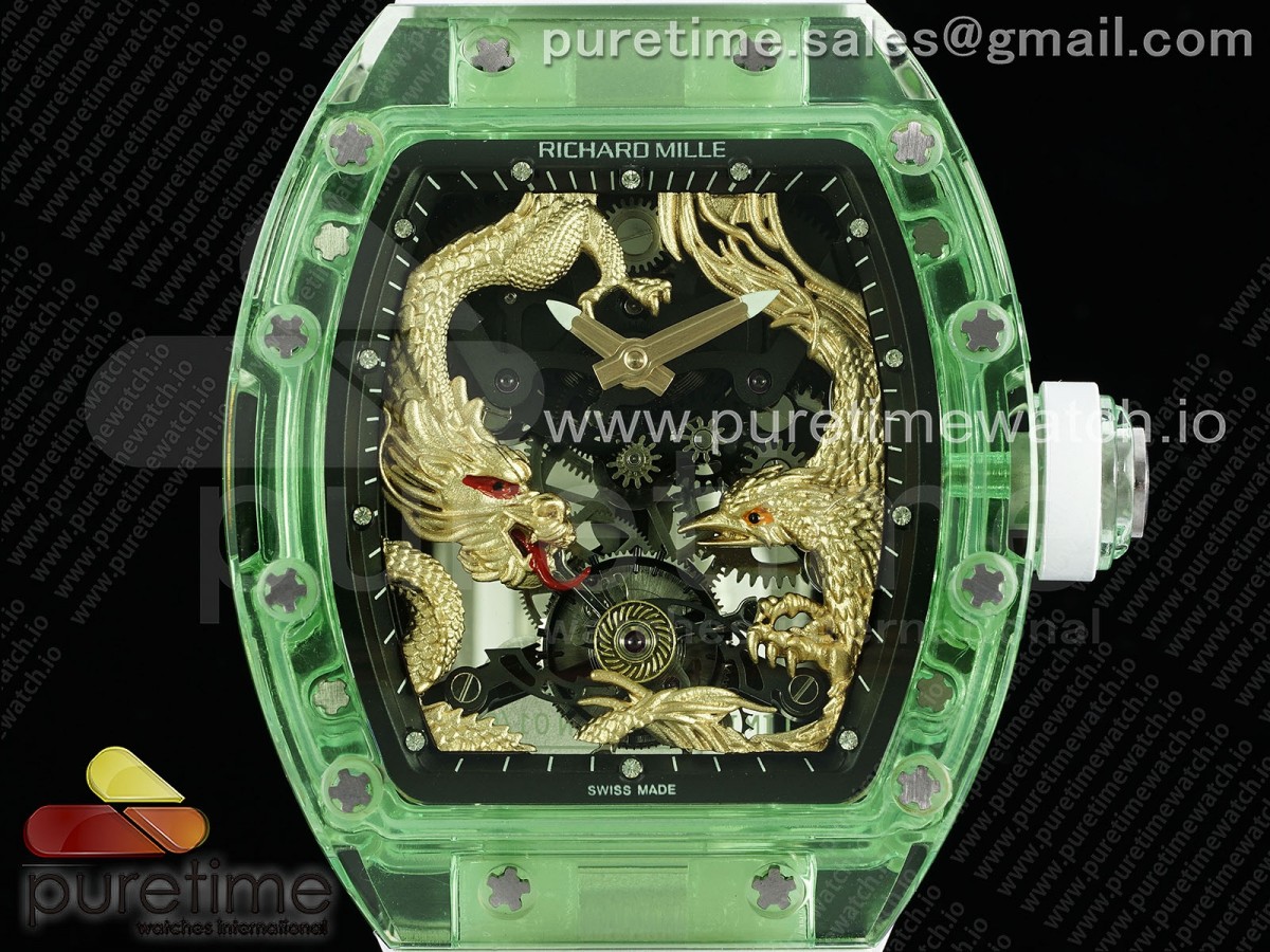 RM57 Green Transparent Tourbillon RMF Gold Dragon Eagle Dial on White Rubber Strap