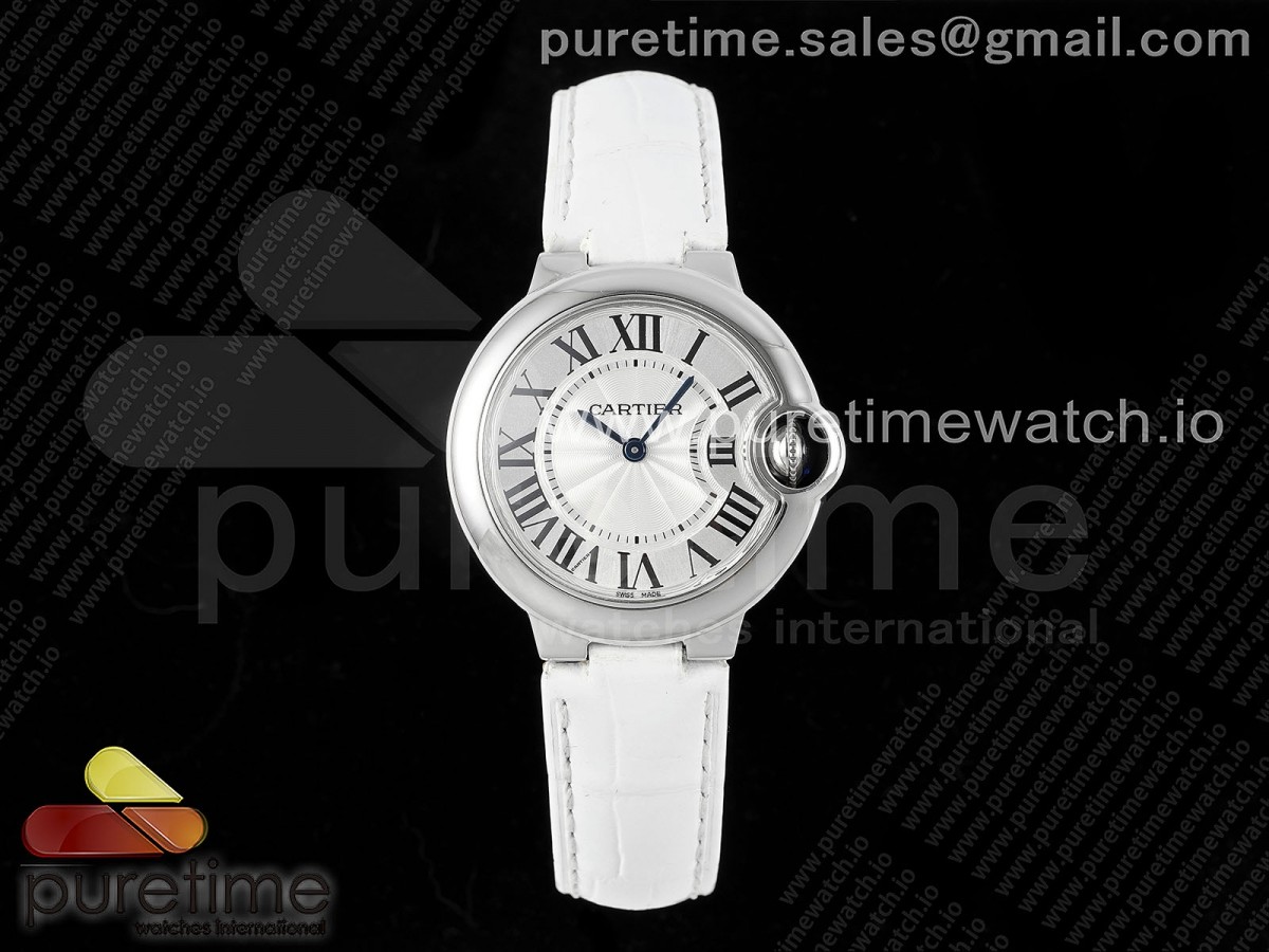 Ballon Bleu 33mm SS AF White Textured Dial on White Leather Strap Ronda Quartz