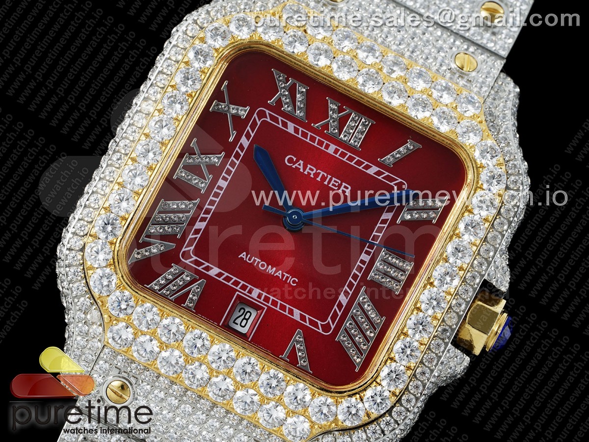 Santos 40mm Full Diamonds SS/YG TWF Red Roman Dial on Bracelet MIYOTA 9015