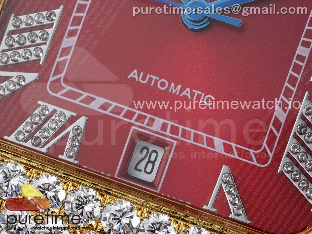 Santos 40mm Full Diamonds SS/YG TWF Red Roman Dial on Bracelet MIYOTA 9015