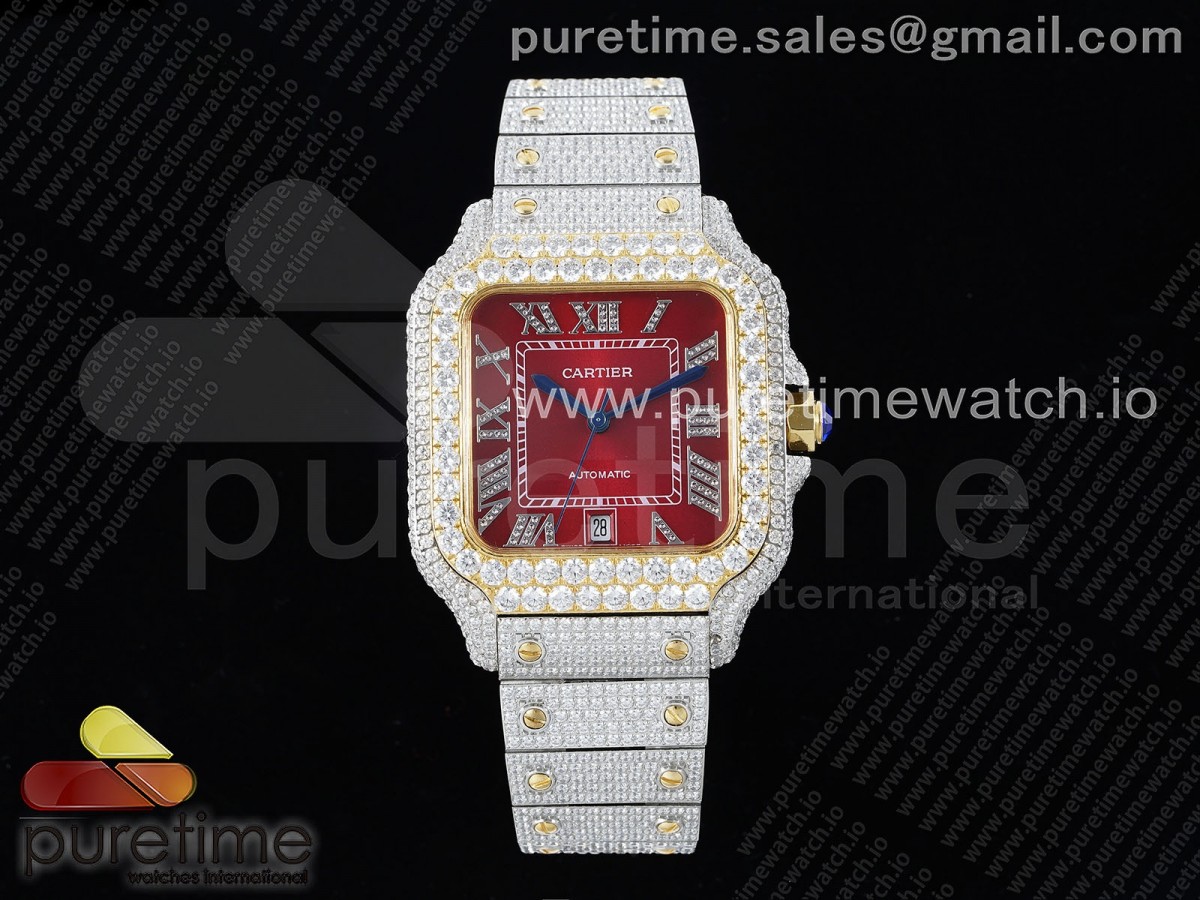 Santos 40mm Full Diamonds SS/YG TWF Red Roman Dial on Bracelet MIYOTA 9015